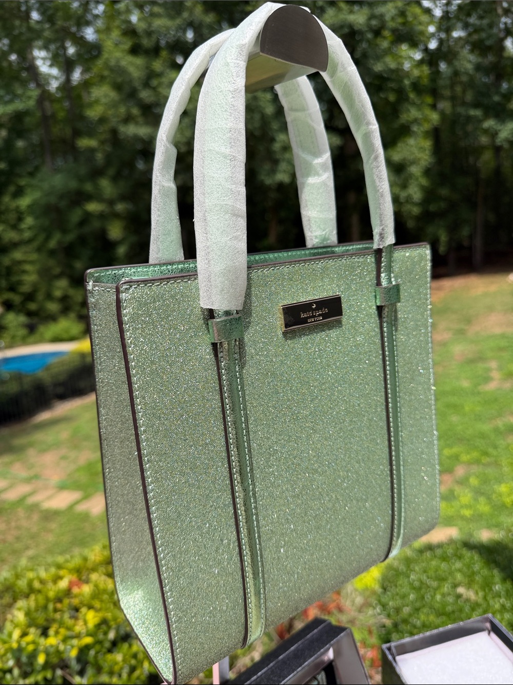 Kate Spade NWT Mini Tote Green Gold Glitter Bag, Wallet, Card Case Retail$580 - Picture 7 of 17
